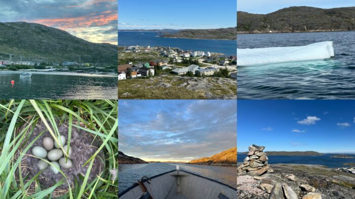 A collage of photographs from the Canadian Arctic showing coastal Inuit communities, sea ice, a small fishing boat, a bird’s nest with eggs, a boat navigating through fjords, and a traditional Inuksuk overlooking the ocean. The images reflect daily life, ecological richness, and the cultural connections between Arctic communities and ocean environments.